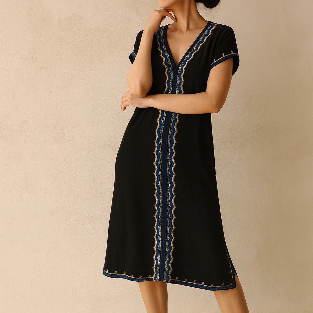 Neiman Marcus V Neck Embroidered Midi Dress